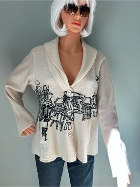 Rosie Neira /Anthropologie Cream Shawl Collar Sweater with Black Sketch Detail